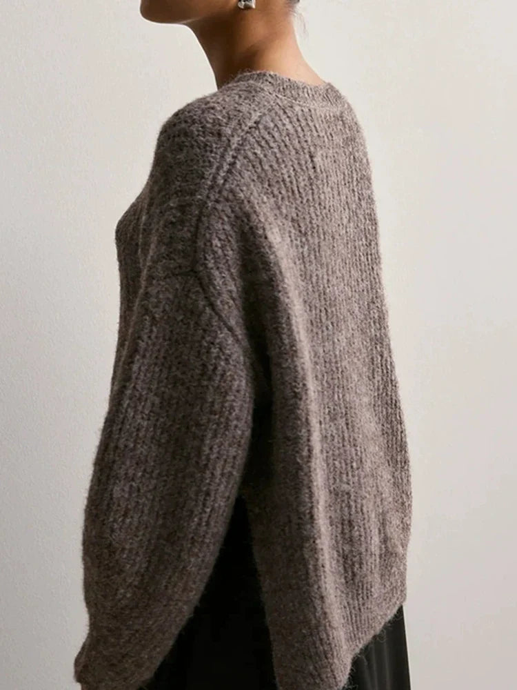 Women's Crew Neck Knitted Hem Loose-Fit Long-Sleeve Sweater
