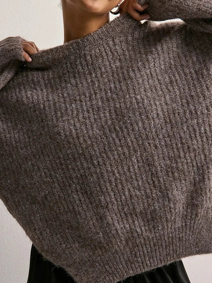 Women's Crew Neck Knitted Hem Loose-Fit Long-Sleeve Sweater