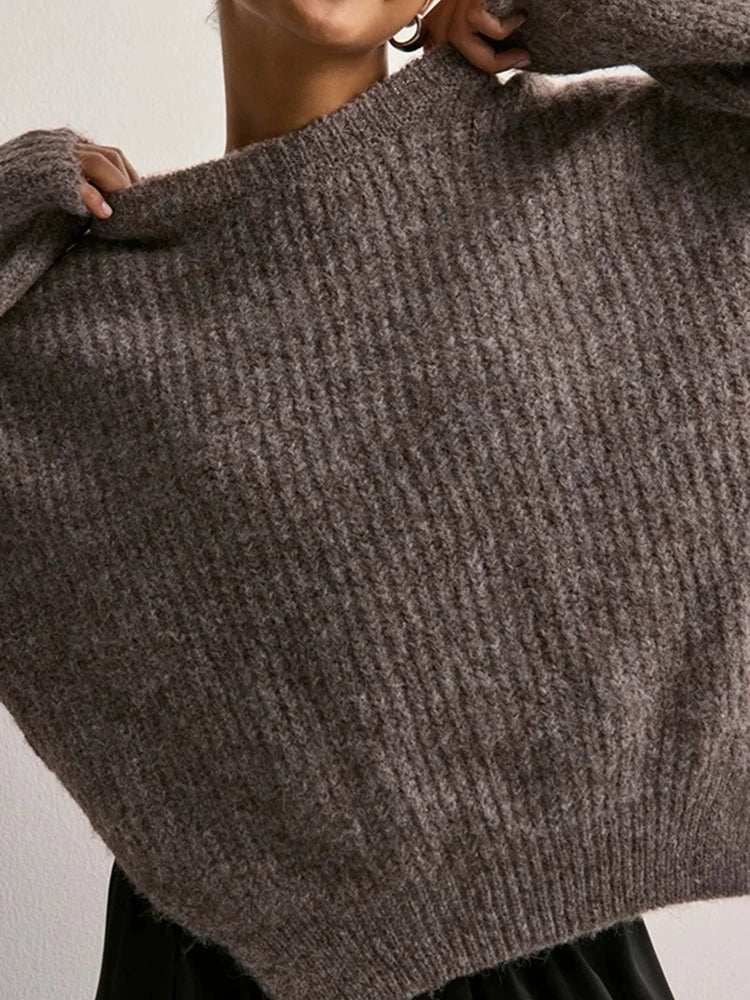 Women's Crew Neck Knitted Hem Loose-Fit Long-Sleeve Sweater