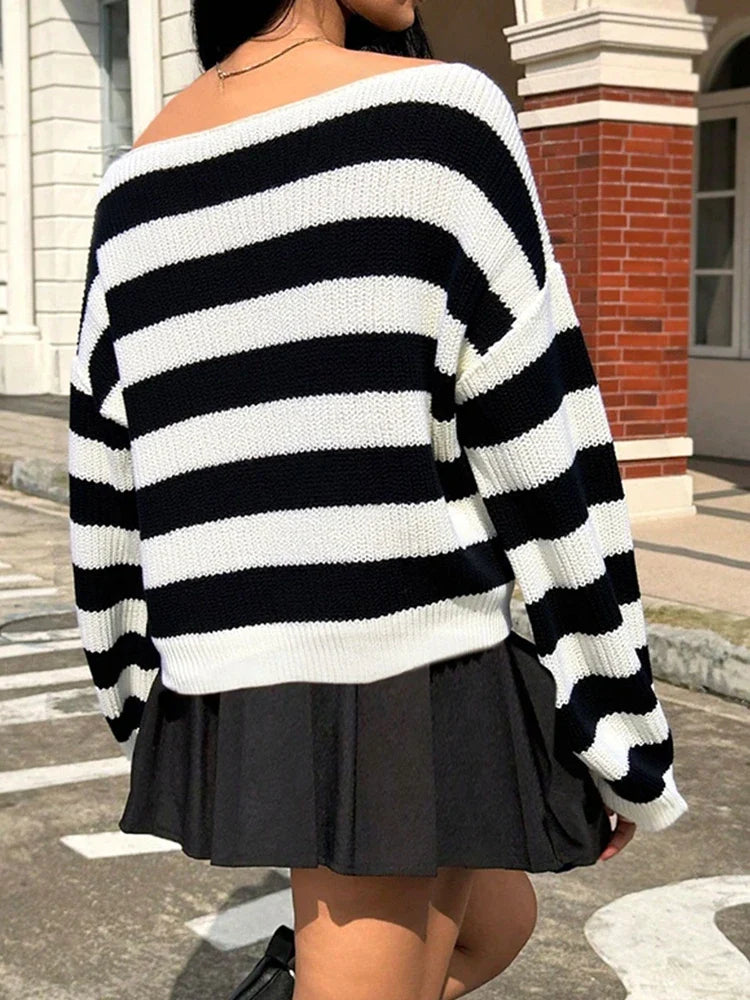 Womens Off The Shoulder Sweater 2025 Fall Winter  Striped Sweater