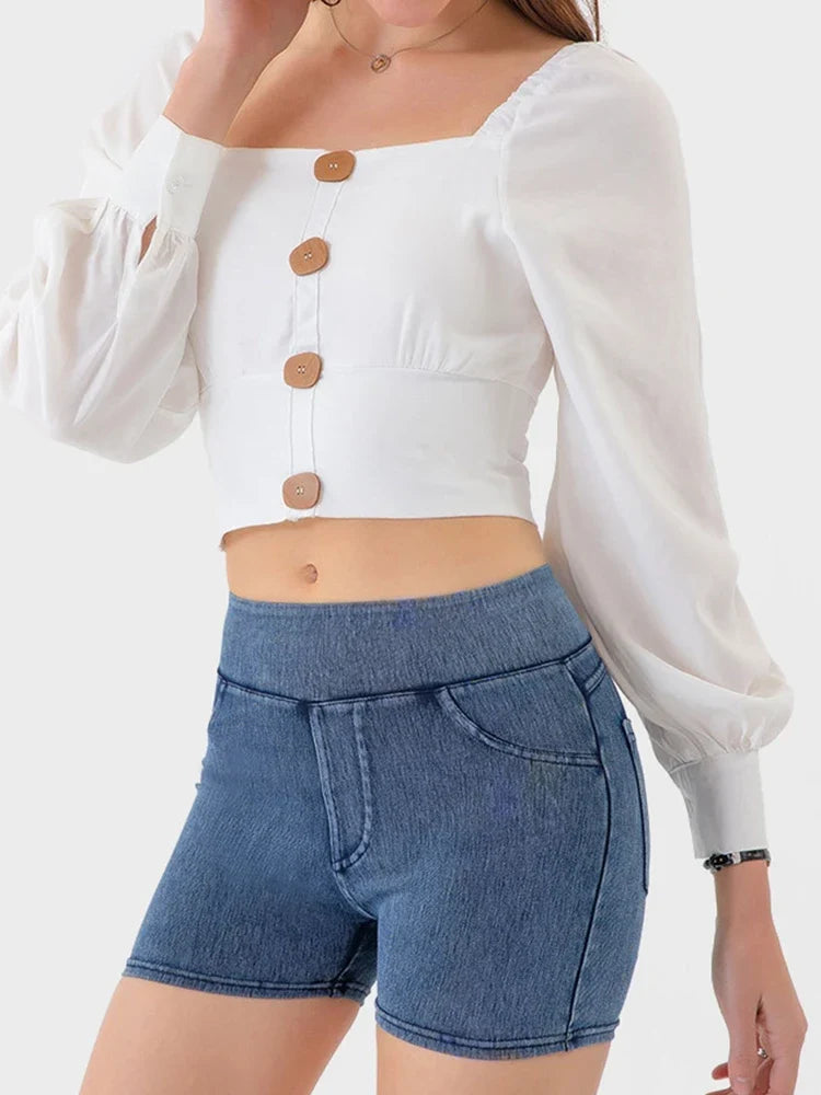 High-Waist Butt-Lifting Yoga Denim Shorts