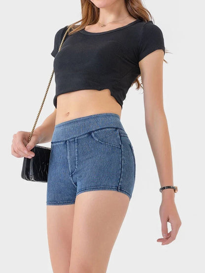 High-Waist Butt-Lifting Yoga Denim Shorts