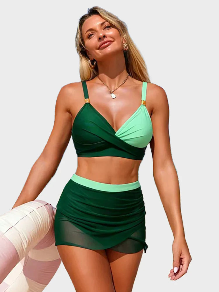 Women's Adjustable Strap Bikini Set - Wire-Free Padded 2-Piece with Mesh Skirt Bottoms