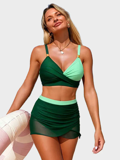 Women's Adjustable Strap Bikini Set - Wire-Free Padded 2-Piece with Mesh Skirt Bottoms