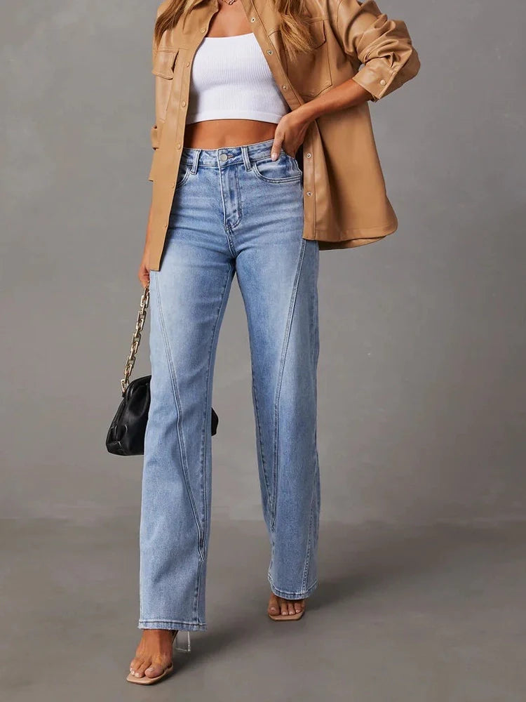 Fashion Front Seam High-Waisted Stretch Straight Leg Jeans