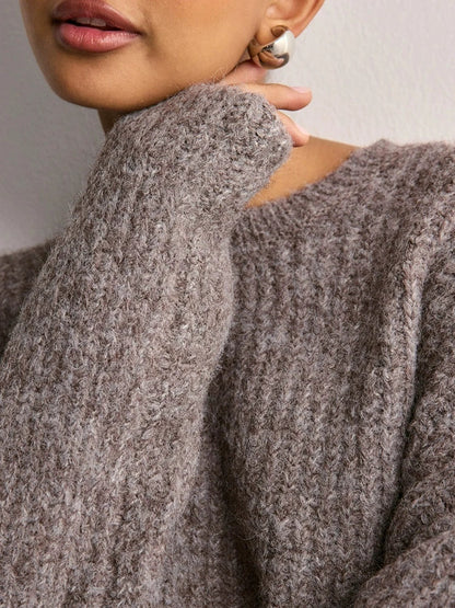 Women's Crew Neck Knitted Hem Loose-Fit Long-Sleeve Sweater