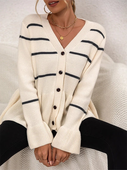 Women's V-neck striped lazy knitted long-sleeved cardigan