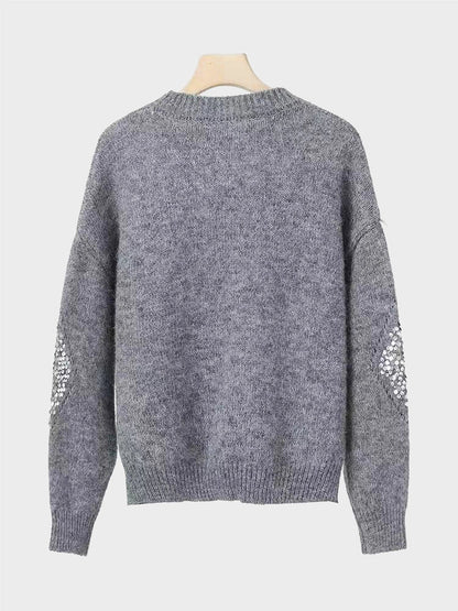 Womens Crew Neck Hollow Out Knit Sweaters  Sequin Pullover Tops