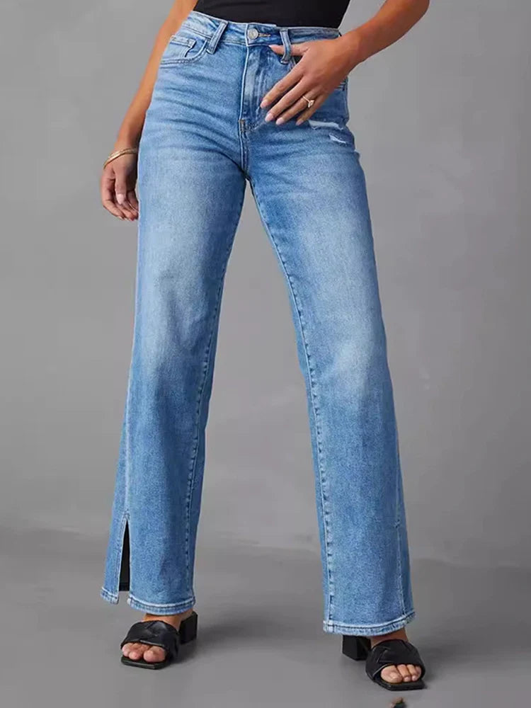 Women's high waist fashionable slit straight stretch jeans