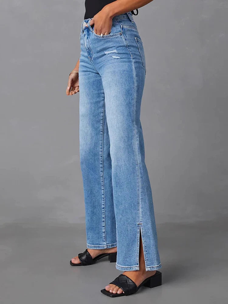 Women's high waist fashionable slit straight stretch jeans