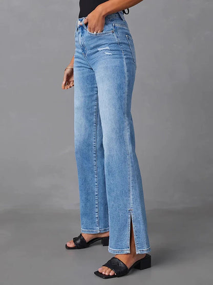 Women's high waist fashionable slit straight stretch jeans