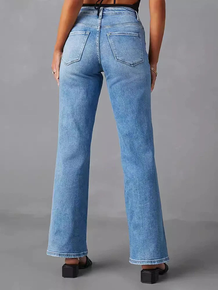 Women's high waist fashionable slit straight stretch jeans