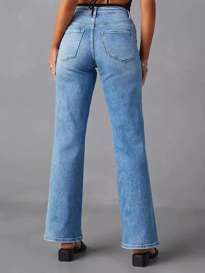 Women's high waist fashionable slit straight stretch jeans