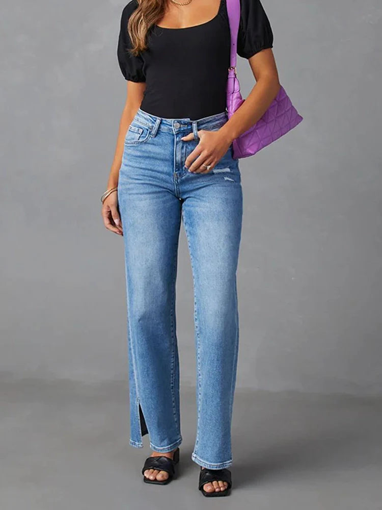 Women's high waist fashionable slit straight stretch jeans