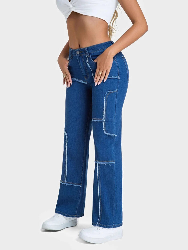 Women's patchwork personality straight washed jeans