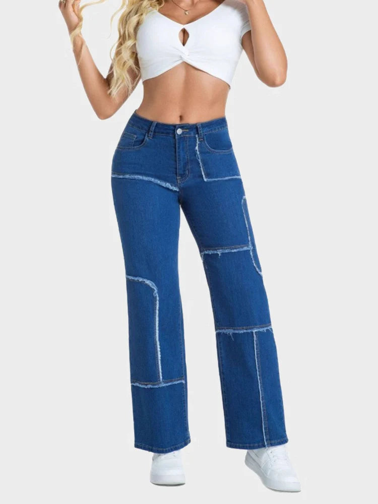 Women's patchwork personality straight washed jeans
