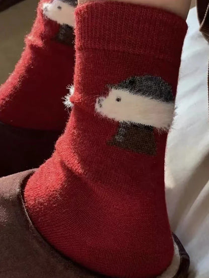 4-Pack Winter Women Socks Vintage Style Knit Wool Casual Socks Thick Warm red Socks