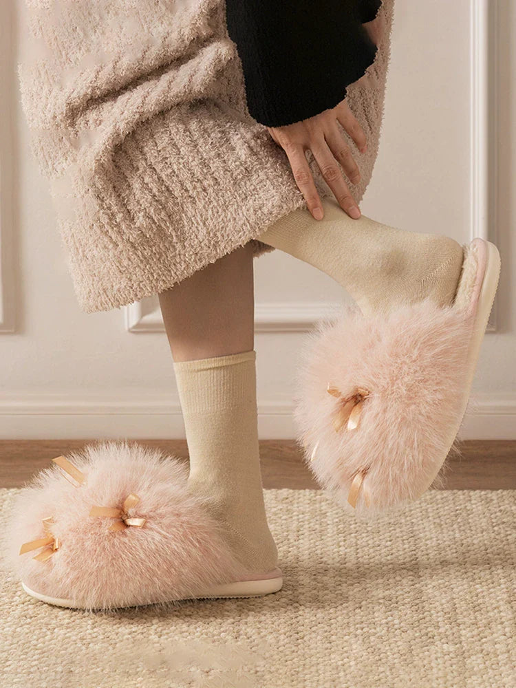 Women’s Fluffy Bow Plush Slippers – Warm Fuzzy Indoor Slides with Thick Soft Soles