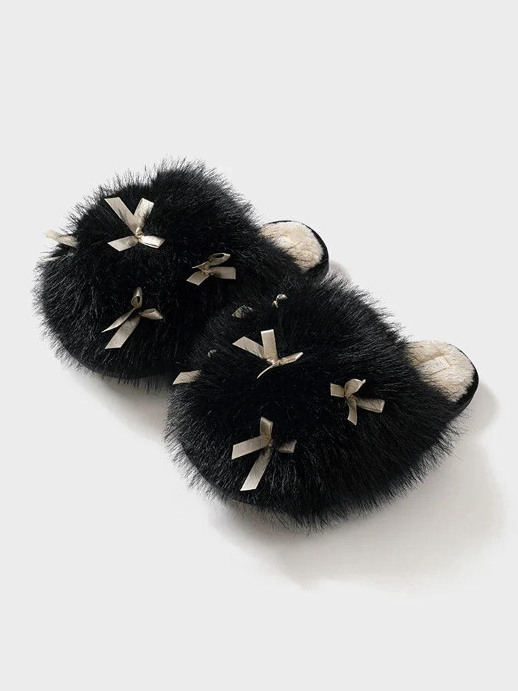 Women’s Fluffy Bow Plush Slippers – Warm Fuzzy Indoor Slides with Thick Soft Soles