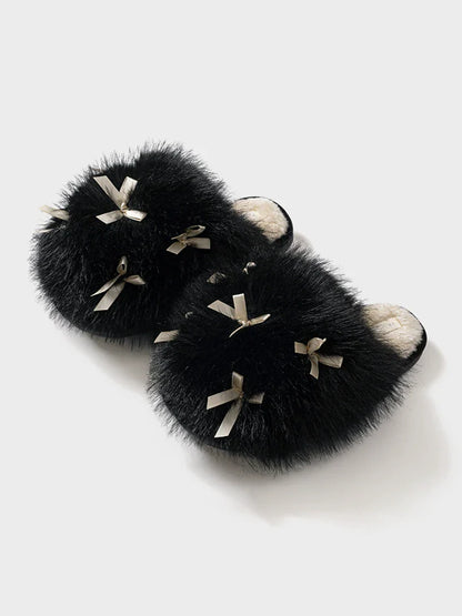 Women’s Fluffy Bow Plush Slippers – Warm Fuzzy Indoor Slides with Thick Soft Soles