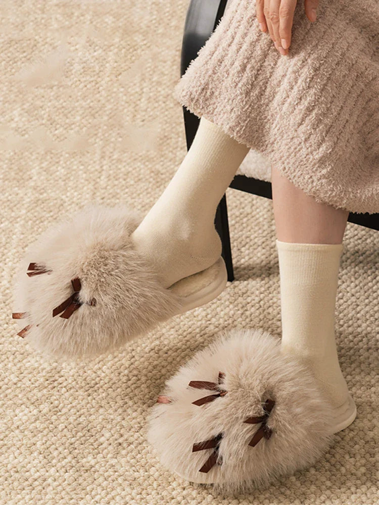 Women’s Fluffy Bow Plush Slippers – Warm Fuzzy Indoor Slides with Thick Soft Soles