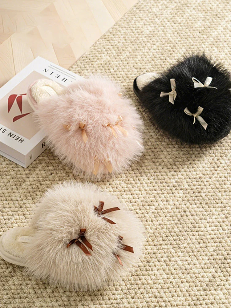 Women’s Fluffy Bow Plush Slippers – Warm Fuzzy Indoor Slides with Thick Soft Soles