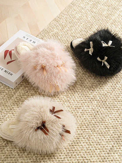 Women’s Fluffy Bow Plush Slippers – Warm Fuzzy Indoor Slides with Thick Soft Soles