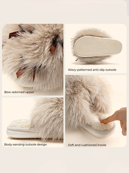 Women’s Fluffy Bow Plush Slippers – Warm Fuzzy Indoor Slides with Thick Soft Soles