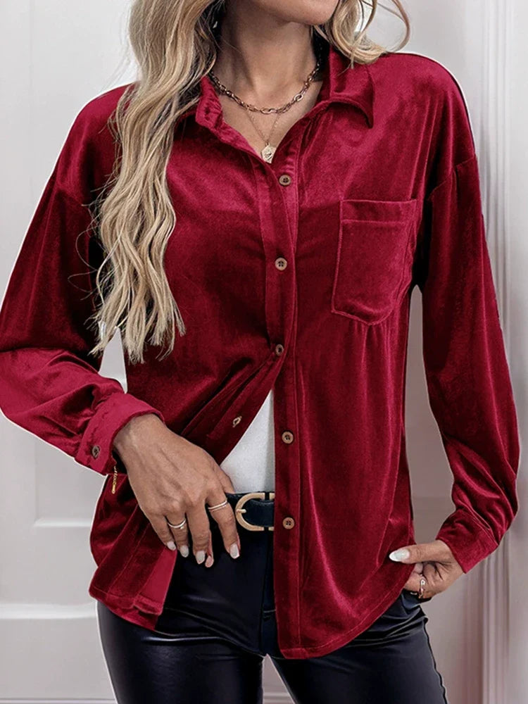 Women's Lapel Collar Puff Sleeve Shirt