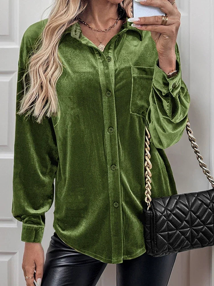 Women's Lapel Collar Puff Sleeve Shirt