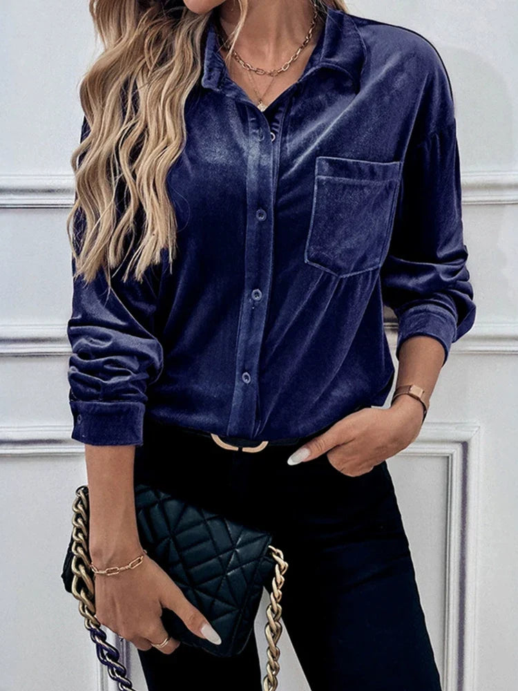 Women's Lapel Collar Puff Sleeve Shirt