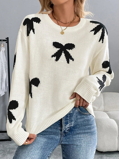 Women's Bow Print Sweaters round neck Lightweight Sweater Pullovers Knit Top