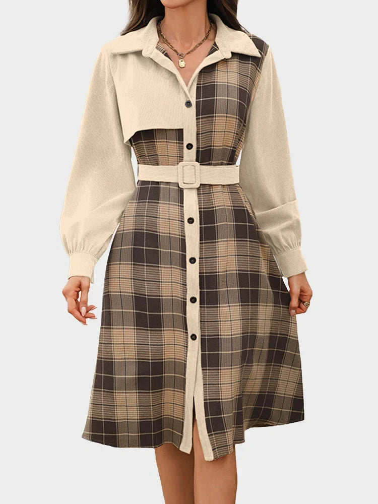 Vintage Plaid Patchwork Dress with Shirt Collar – Casual Office Style