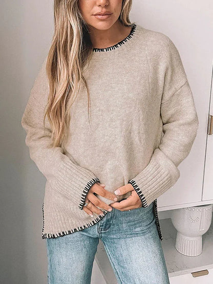 Womens Crewneck Pullover Sweater Long Sleeve Knit Slit
