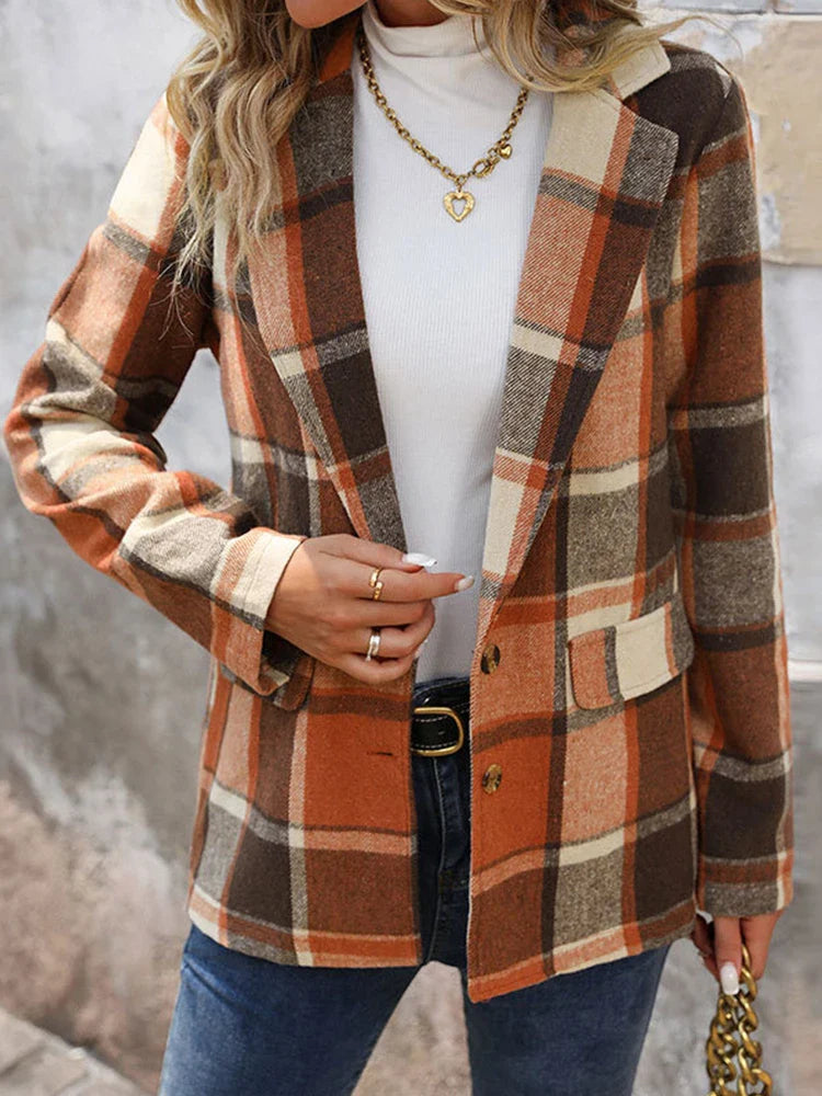 Women’s Plaid Classic Lapel Collar Double Breasted Open Front Blazer