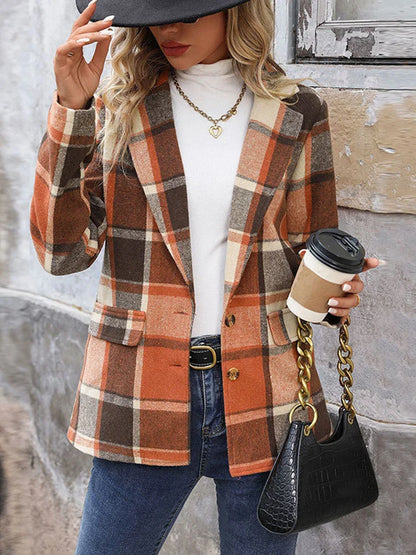 Women’s Plaid Classic Lapel Collar Double Breasted Open Front Blazer