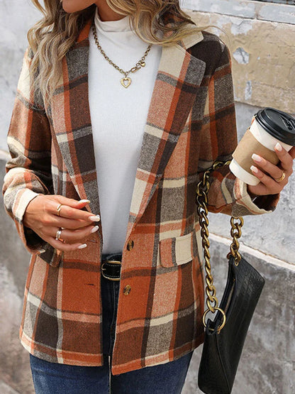 Women’s Plaid Classic Lapel Collar Double Breasted Open Front Blazer