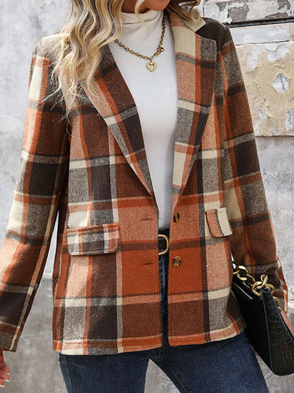 Women’s Plaid Classic Lapel Collar Double Breasted Open Front Blazer