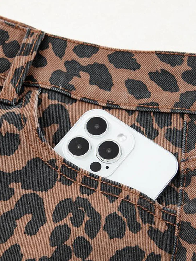 Women's High-Waisted Leopard Print Denim Skirt with Slit
