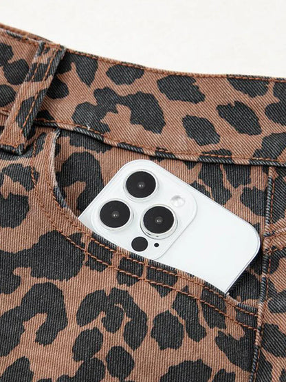 Women's High-Waisted Leopard Print Denim Skirt with Slit