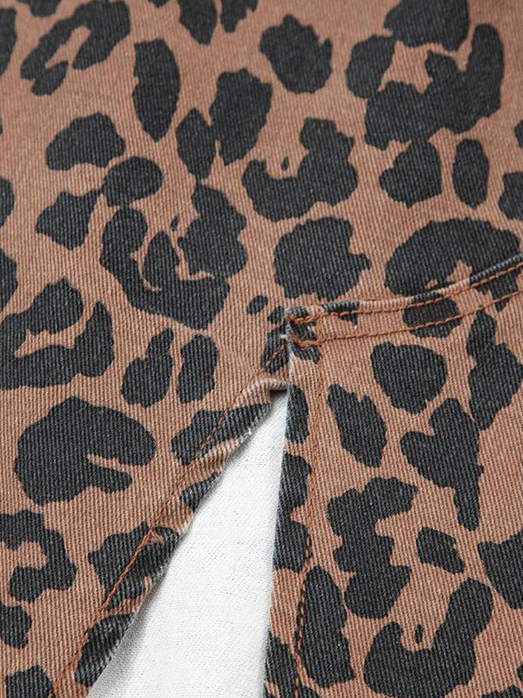 Women's High-Waisted Leopard Print Denim Skirt with Slit