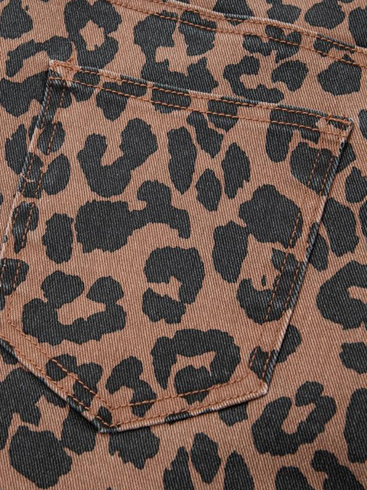 Women's High-Waisted Leopard Print Denim Skirt with Slit