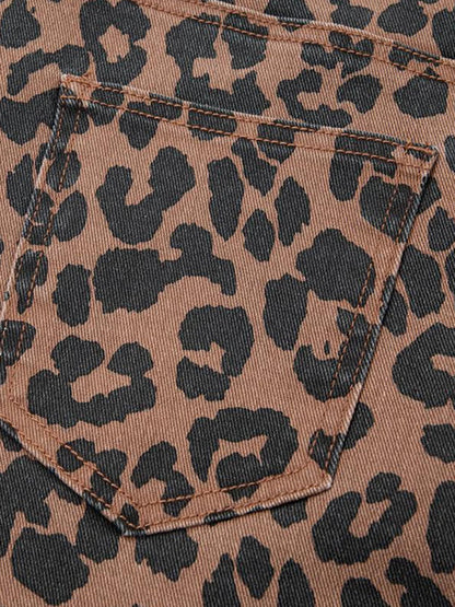 Women's High-Waisted Leopard Print Denim Skirt with Slit