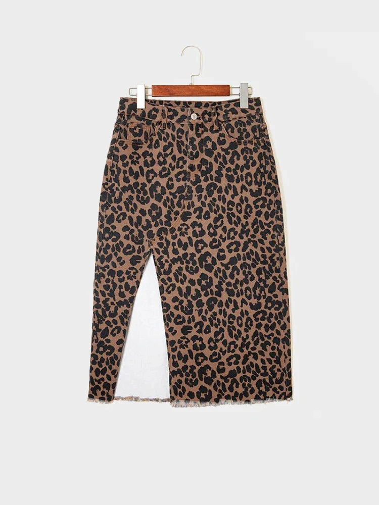 Women's High-Waisted Leopard Print Denim Skirt with Slit