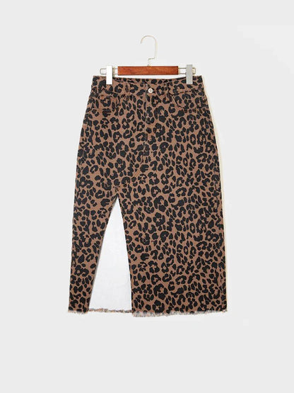 Women's High-Waisted Leopard Print Denim Skirt with Slit