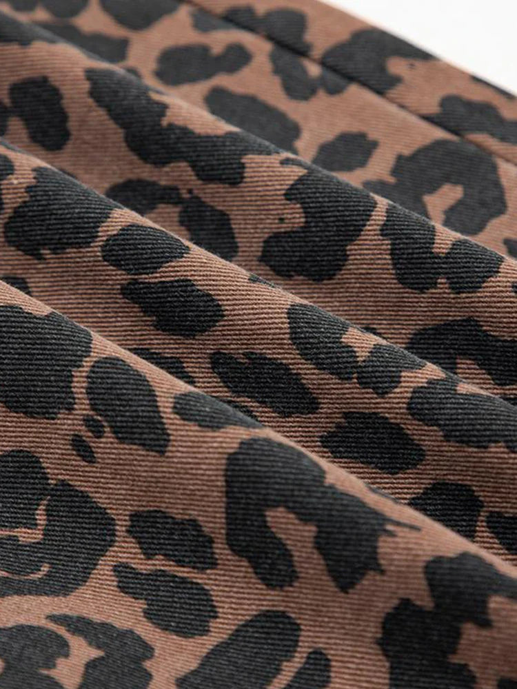 Women's High-Waisted Leopard Print Denim Skirt with Slit