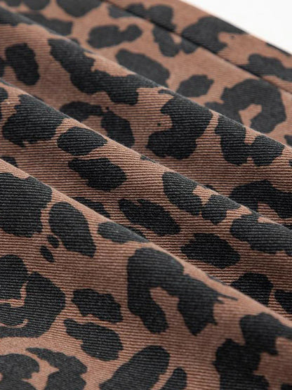Women's High-Waisted Leopard Print Denim Skirt with Slit