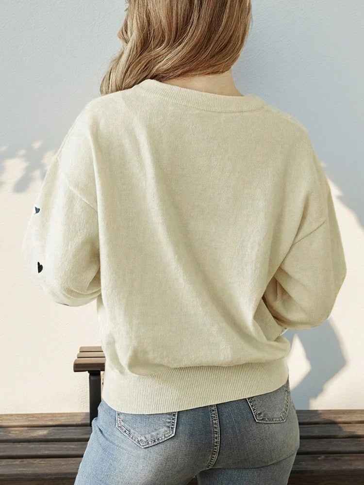 Women's Heart Print Crew Neck Sweater