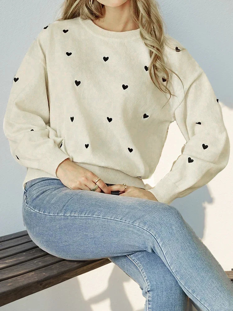 Women's Heart Print Crew Neck Sweater
