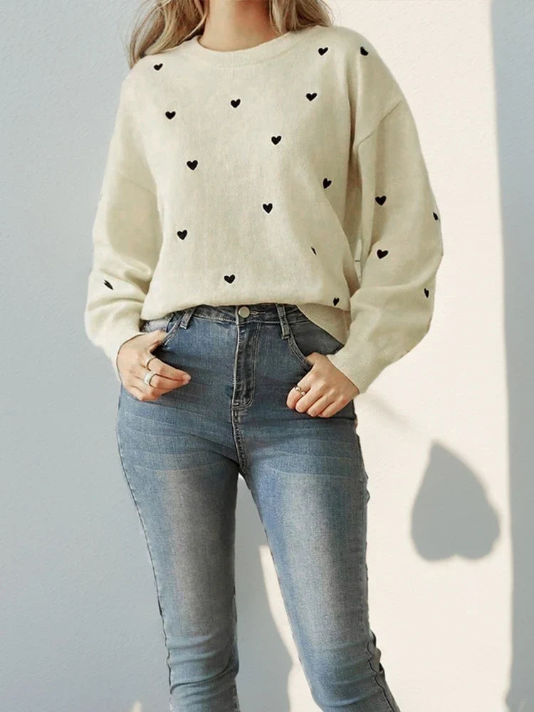 Women's Heart Print Crew Neck Sweater